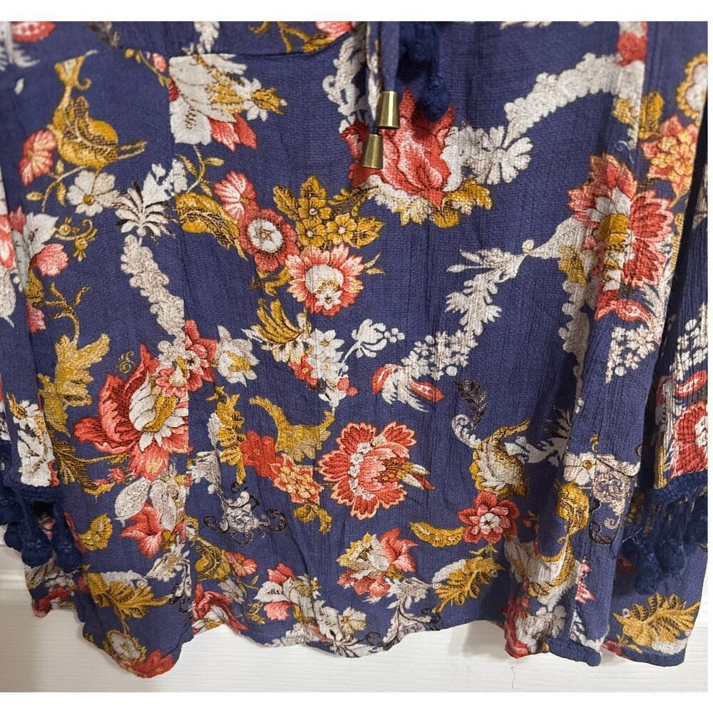 Miss Me Boho Floral Peasant Blouse Multi Tie Neck Tassel Sleeve Top Womens Med - Picture 4 of 11